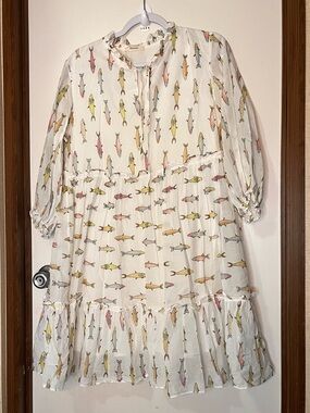 Girls' Cream Fish-Print Tiered Casual Dress
